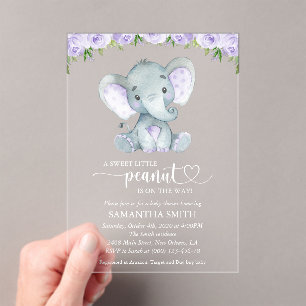 Invitations En Acrylique Éléphant, Fleurs Aquarelle Violettes, Baby Shower