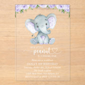 Invitations En Acrylique Eléphant mignon, Fleurs pourpres, Premier Annivers (Recto)