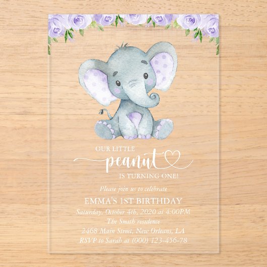 Invitations En Acrylique Eléphant mignon, Fleurs pourpres, Premier Annivers (Recto)