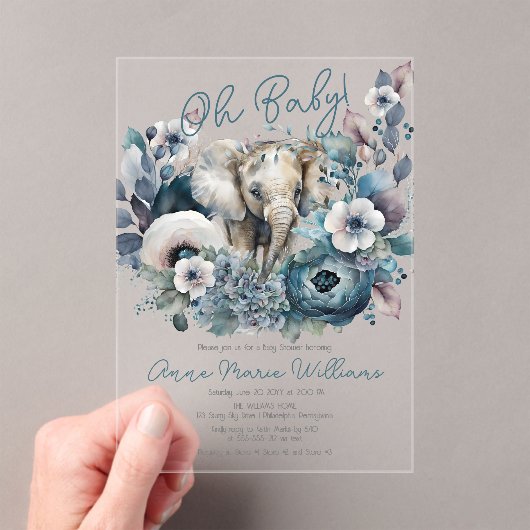 Invitations En Acrylique Elephant Oh Baby Baby shower Floral bleu (In situ (ordinateur de poche))