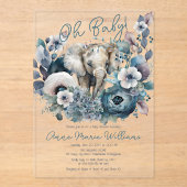 Invitations En Acrylique Elephant Oh Baby Baby shower Floral bleu (Recto)