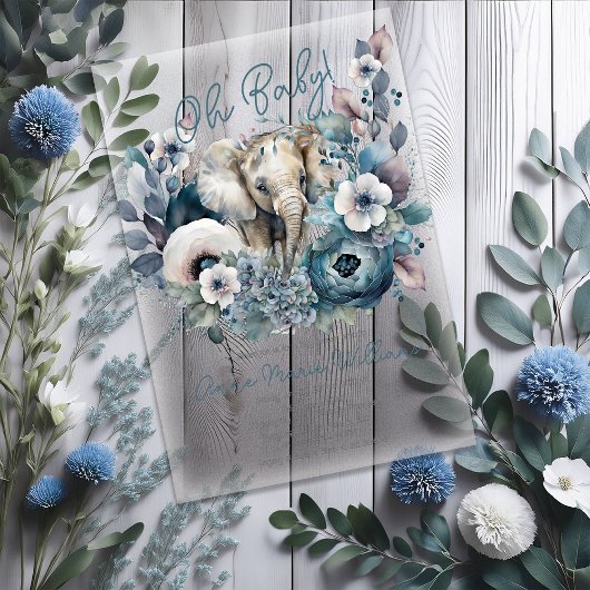 Invitations En Acrylique Elephant Oh Baby Baby shower Floral bleu