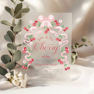 Invitations En Acrylique Elle est la cerise sur le nœud rose Baby shower