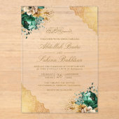 Invitations En Acrylique Emerald Floral Gold Lace Muslim Wedding (Recto)