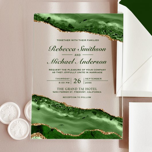 Invitations En Acrylique Emerald Green and Gold Agate Marble Wedding