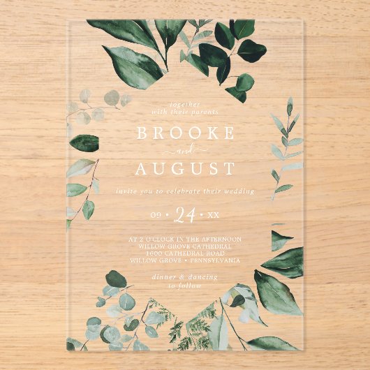 Invitations En Acrylique Emerald Green Blanc Automne Mariage forestier (Recto)