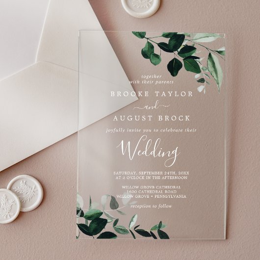 Invitations En Acrylique Emerald Green Blanc moderne Boho Moody Mariage