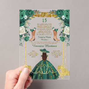 Invitations En Acrylique Emerald Green Bottes Espagnoles Or 15 Años Anniver