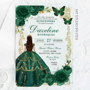 Invitations En Acrylique Emerald Green et Gold Princessa Quinceañera