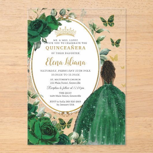 Invitations En Acrylique Emerald Green Floral Brown Princesse Quinceañera (Recto)