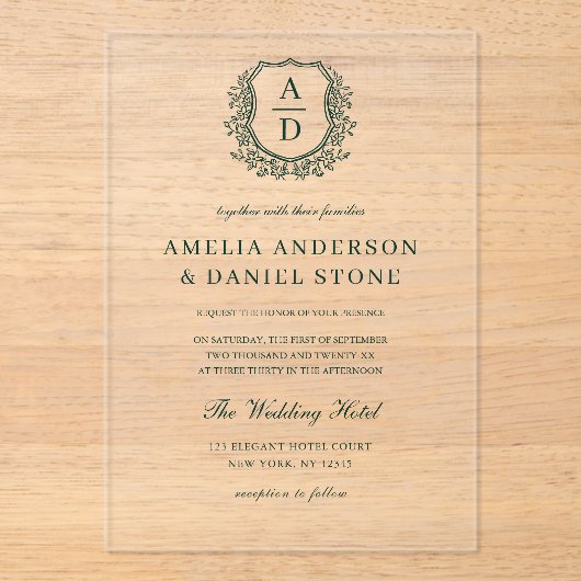 Invitations En Acrylique Emerald Green Floral Crest Mariage (Recto)