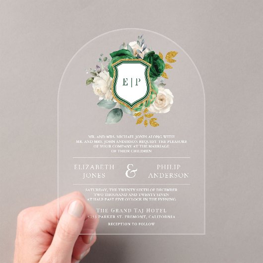 Invitations En Acrylique Emerald Green Floral Crest Mariage (In situ (ordinateur de poche))