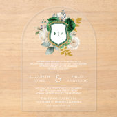 Invitations En Acrylique Emerald Green Floral Crest Mariage (Recto)