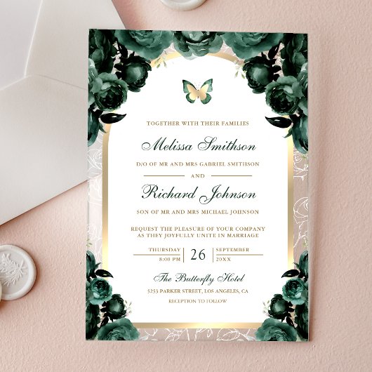 Invitations En Acrylique Emerald Green Floral Gold Arch Butterfly Wedding