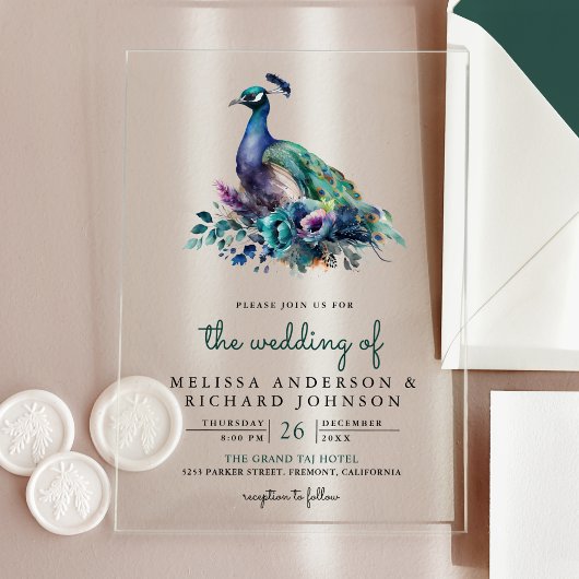 Invitations En Acrylique Emerald Green Floral Peacock Wedding
