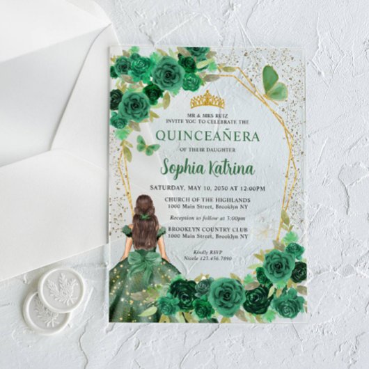 Invitations En Acrylique Emerald Green Floral Princess Quinceañera