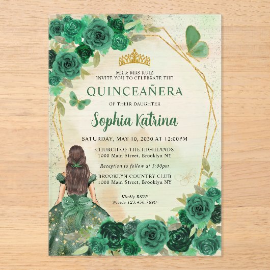Invitations En Acrylique Emerald Green Floral Princess Quinceañera (Recto)