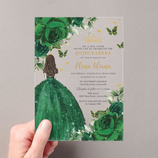 Invitations En Acrylique Emerald Green Floral Princess Quinceañera Sweet 16 (In situ (ordinateur de poche))