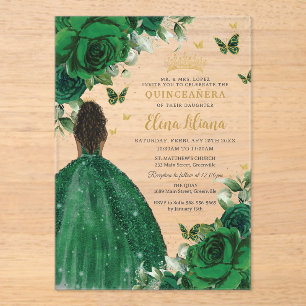 Invitations En Acrylique Emerald Green Floral Princess Quinceañera Sweet 16
