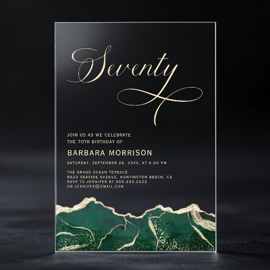 Invitations En Acrylique Emerald Green Gold Agate 70e Soixante-dix Annivers