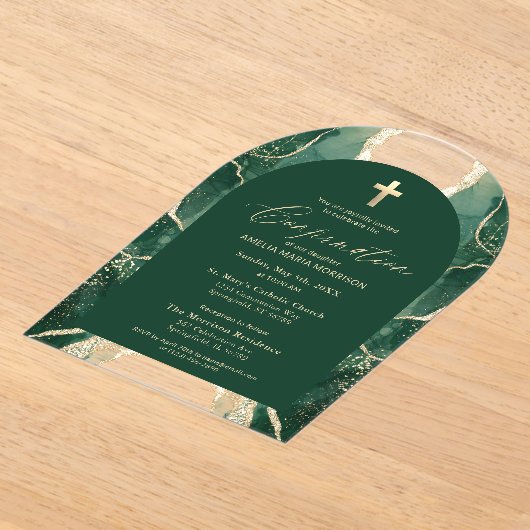Invitations En Acrylique Emerald Green Gold Agate Confirmation Moderne (Poser)
