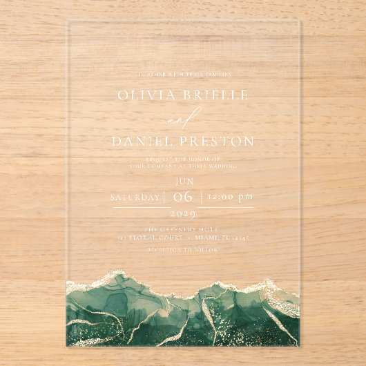 Invitations En Acrylique Emerald Green Gold Agate Élégant Mariage moderne (Recto)