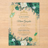 Invitations En Acrylique Emerald Green Gold Crown Quinceañera Butterfly (Recto)
