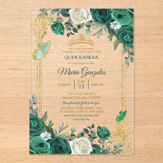 Invitations En Acrylique Emerald Green Gold Crown Quinceañera Butterfly (Recto)