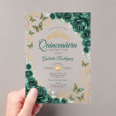Invitations En Acrylique Emerald Green Gold Floral Quinceanera (In situ (ordinateur de poche))