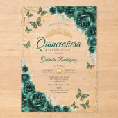 Invitations En Acrylique Emerald Green Gold Floral Quinceanera (Recto)