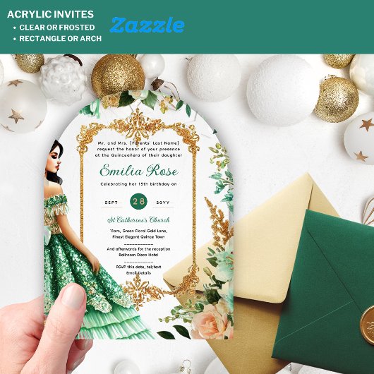 Invitations En Acrylique Emerald Green Quinceanera Robe Fleurs