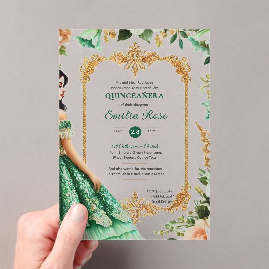 Invitations En Acrylique Emerald Green Quinceanera Robe Fleurs (In situ (ordinateur de poche))
