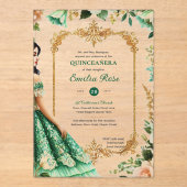 Invitations En Acrylique Emerald Green Quinceanera Robe Fleurs (Recto)