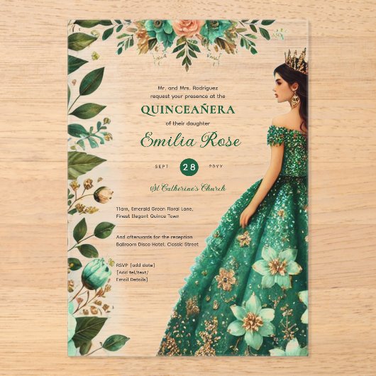 Invitations En Acrylique Emerald Green Quinceanera Robe Fleurs (Recto)