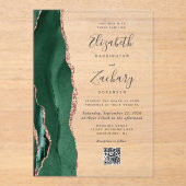 Invitations En Acrylique Emerald Green Rose Gold Agate QR Code Mariage (Recto)