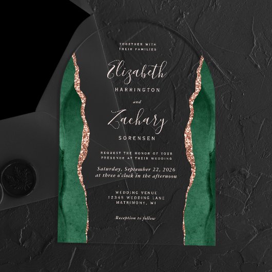 Invitations En Acrylique Emerald Green Rose Gold Agate rose Mariage Arch