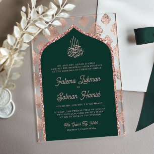 Invitations En Acrylique Emerald Green Rose Gold Damask Arch Mariage musulm
