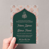 Invitations En Acrylique Emerald Green Rose Gold Damask Arch Mariage musulm (In situ (ordinateur de poche))