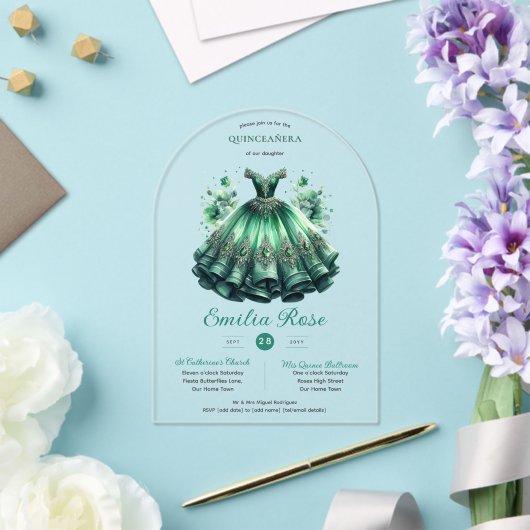 Invitations En Acrylique Emerald Sweet15 QUINCEANERA Robe verte clair (Insitu (Mariage))