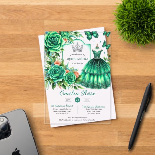 Invitations En Acrylique Emerald Sweet15 QUINCEANERA Robe Verte Papillon (Insitu (Carte d'invitation))
