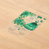 Invitations En Acrylique Emerald Sweet15 QUINCEANERA Robe Verte Papillon (Poser)