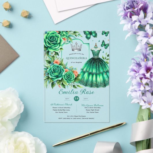 Invitations En Acrylique Emerald Sweet15 QUINCEANERA Robe Verte Papillon (Insitu (Mariage))