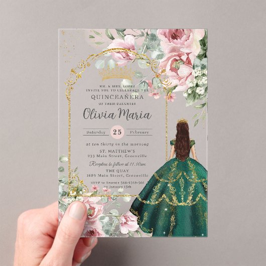 Invitations En Acrylique Émeraude rose pâle Quinceañera Douce 16 15 (In situ (ordinateur de poche))