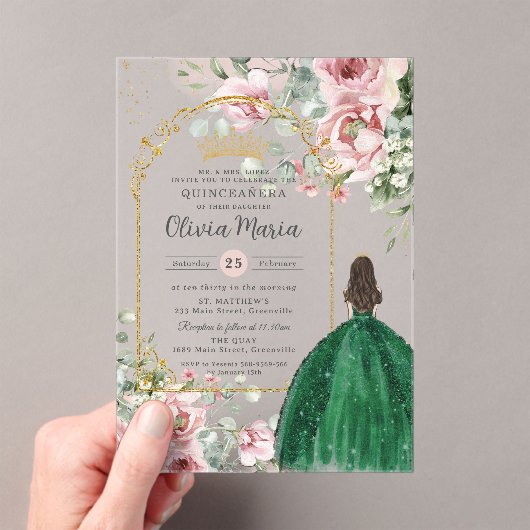 Invitations En Acrylique Émeraude rose pâle Quinceañera Douce 16 15 (In situ (ordinateur de poche))