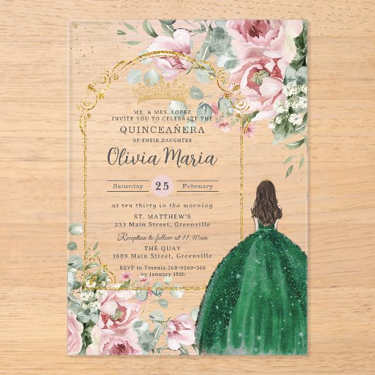 Invitations En Acrylique Émeraude rose pâle Quinceañera Douce 16 15 (Recto)