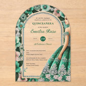 Invitations En Acrylique Émeraude Vert Argent Quince Fleurs Tiara (Recto)