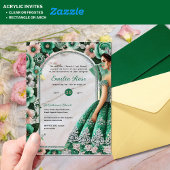 Invitations En Acrylique Émeraude Vert Argent Quince Fleurs Tiara