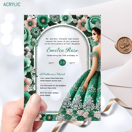 Invitations En Acrylique Émeraude Vert Argent Quince Fleurs Tiara