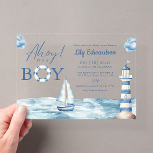 Invitations En Acrylique En mer, c'est un garçon, douche bébé bleu marine