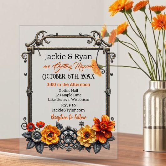 Invitations En Acrylique Engrenages à vapeur et fleurs Mariage à thème